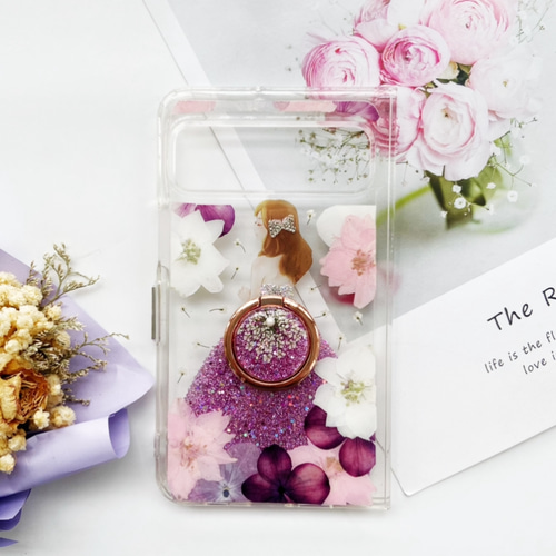 スマホリング付き、押し花ケース、iPhone15、GALAXY S23 、Google  