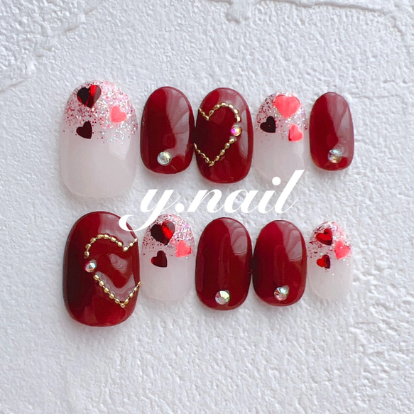 カラー変更、サイズ指定無料】ネイルチップ バレンタインネイル ハート
