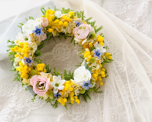 ミモザリース 春リース 造花 壁飾り 壁掛け 黄色、アンティーク ミモザ