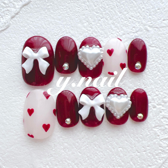 ネイルチップ/ハートネイル/リボンネイル/バレンタインネイル