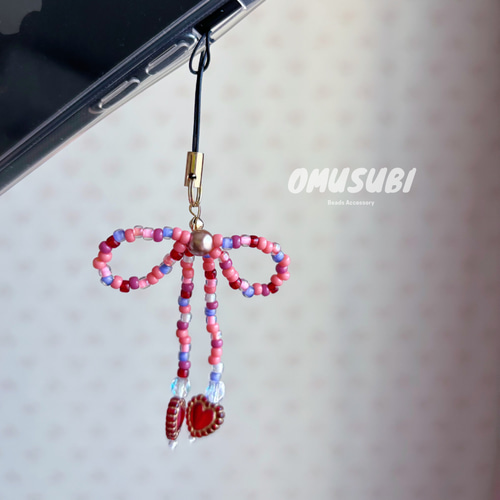 ストラップ ] リボン ビーズストラップ / ハート ピンク 携帯