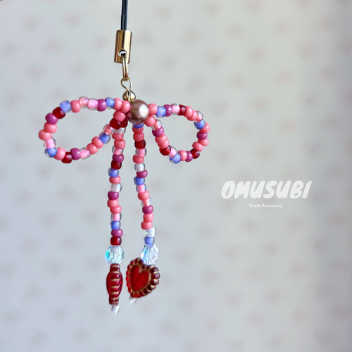 ストラップ ] リボン ビーズストラップ / ハート ピンク 携帯