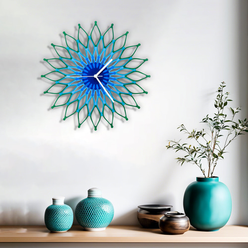 木製ウォールクロックPeacock (ピーコック) - 41/ 59cm青と緑の