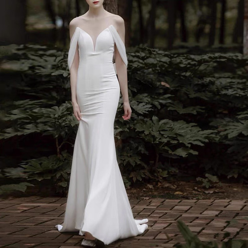 しらたま　前撮り　二次会　サテン　オフショルダー　ソフトマーメイド ウェディングドレス マーメイドドレス 白 サテン オフショルダー