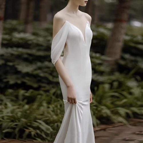 しらたま　前撮り　二次会　サテン　オフショルダー　ソフトマーメイド ウェディングドレス マーメイドドレス 白 サテン オフショルダー