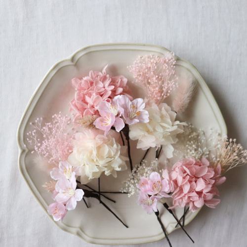【再販】髪飾り　桜　　blossom　ピンク×ホワイト　パール　成人式　結婚式 桜と紫陽花の髪かざり No.PW02 髪飾り シャンパンピンク