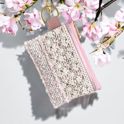 桜ピンク/インド刺繍×帆布★キーホルダー付きフラットポーチ/マルチケース 8枚目の画像