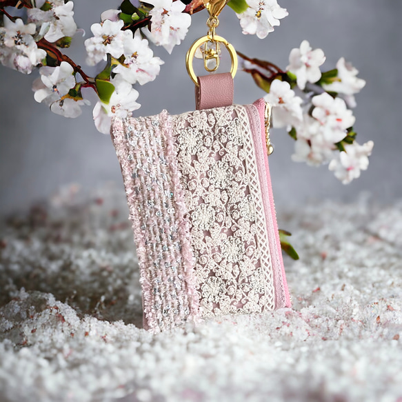 桜ピンク/インド刺繍×帆布★キーホルダー付きフラットポーチ/マルチケース 7枚目の画像