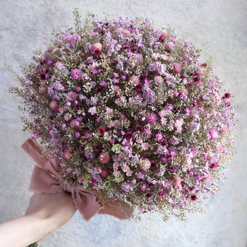 45cm) マメグンバイナズナとピンクの小花のお花畑スワッグ/ドライ