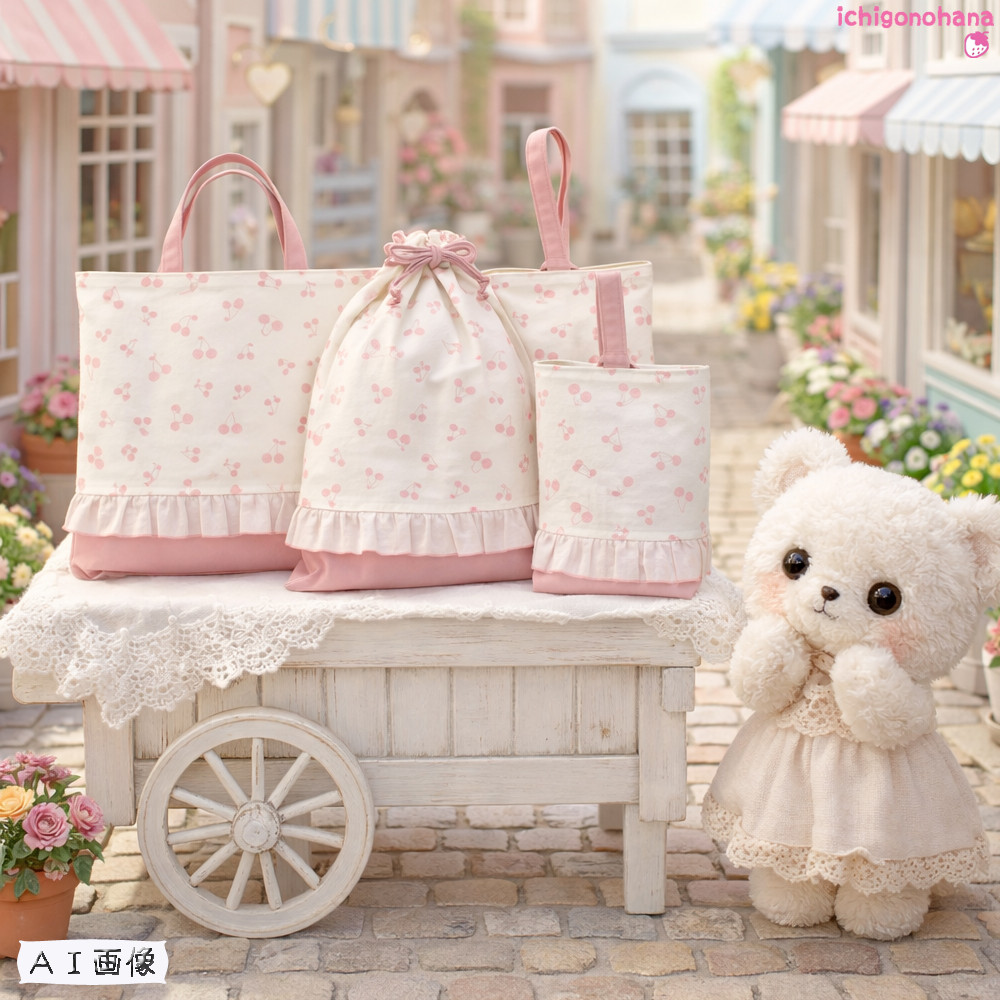 ハンドメイド　さくらんぼ、フリル　テラコッタ　入園入学セット￼