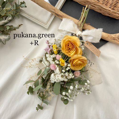 イエローオレンジバラ☆ドライフラワースワッグ 春30cm 誕生日  