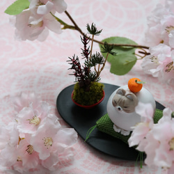 和モダン　座布団に座っている猫とミニ盆栽のアレンジ！　猫の日　特別な日のプレゼントにおすすめ♪ 4枚目の画像