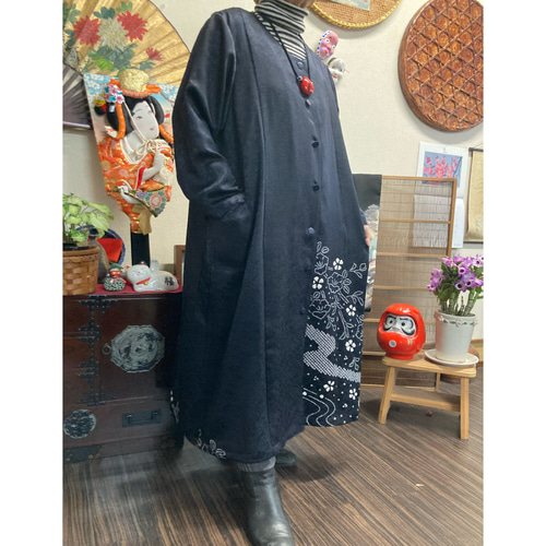 訪問着の絞りの前開きワンピースコート(ストール付き) 着物リメイク