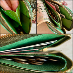L字ファスナー ミニ財布 コンパクト ペイズリー型押し ✧箔加工✧ ✣お札を折らずに使える✣ グリーン 11枚目の画像