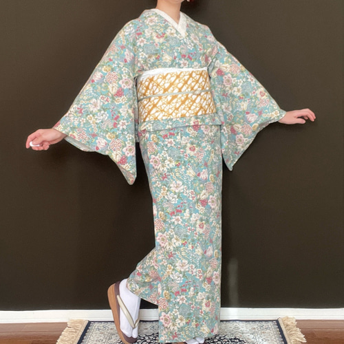 浴衣☆ブルー 青 仕分ける 朝顔 なでしこ 花柄 大柄 夏 和服 着物 