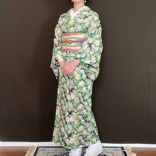 【新品】 浴衣 黒×グリーン 花柄 浴衣 吸水速乾 薔薇 バラ 黒 紺 赤 黒地 花柄 大人 レディース