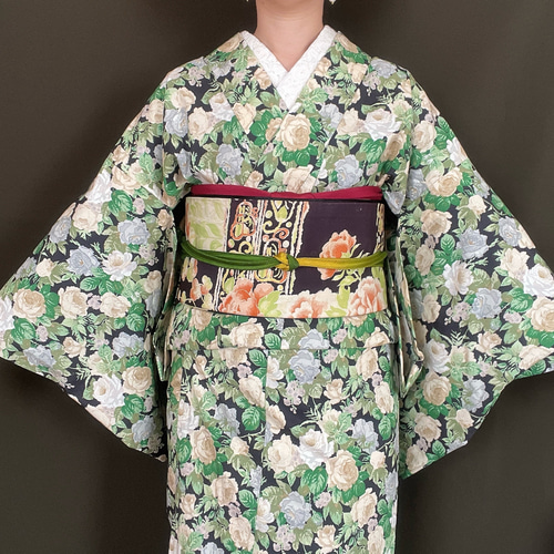 【新品】 浴衣 黒×グリーン 花柄 浴衣 吸水速乾 薔薇 バラ 黒 紺 赤 黒地 花柄 大人 レディース