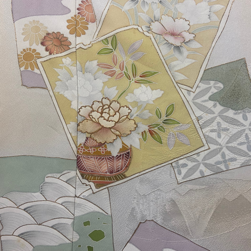 着物リメイク パステルクリームカラー 友禅染め ケープスリーブドレス