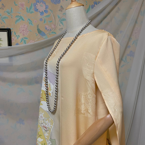 着物リメイク パステルクリームカラー 友禅染め ケープスリーブドレス