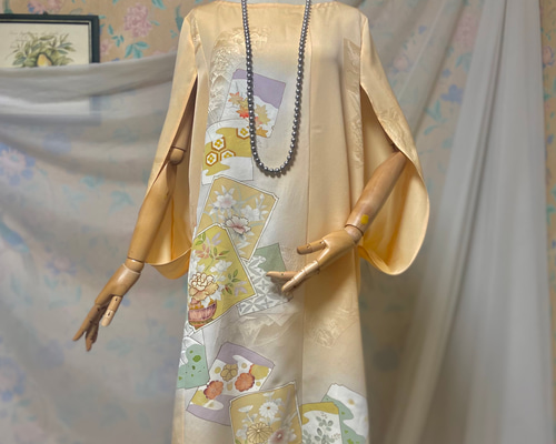着物リメイク　スタンドカラー　ワンピース　友禅　ドレス　ロング　くすみブルー 762b3c06e46910c94ef2074220352a