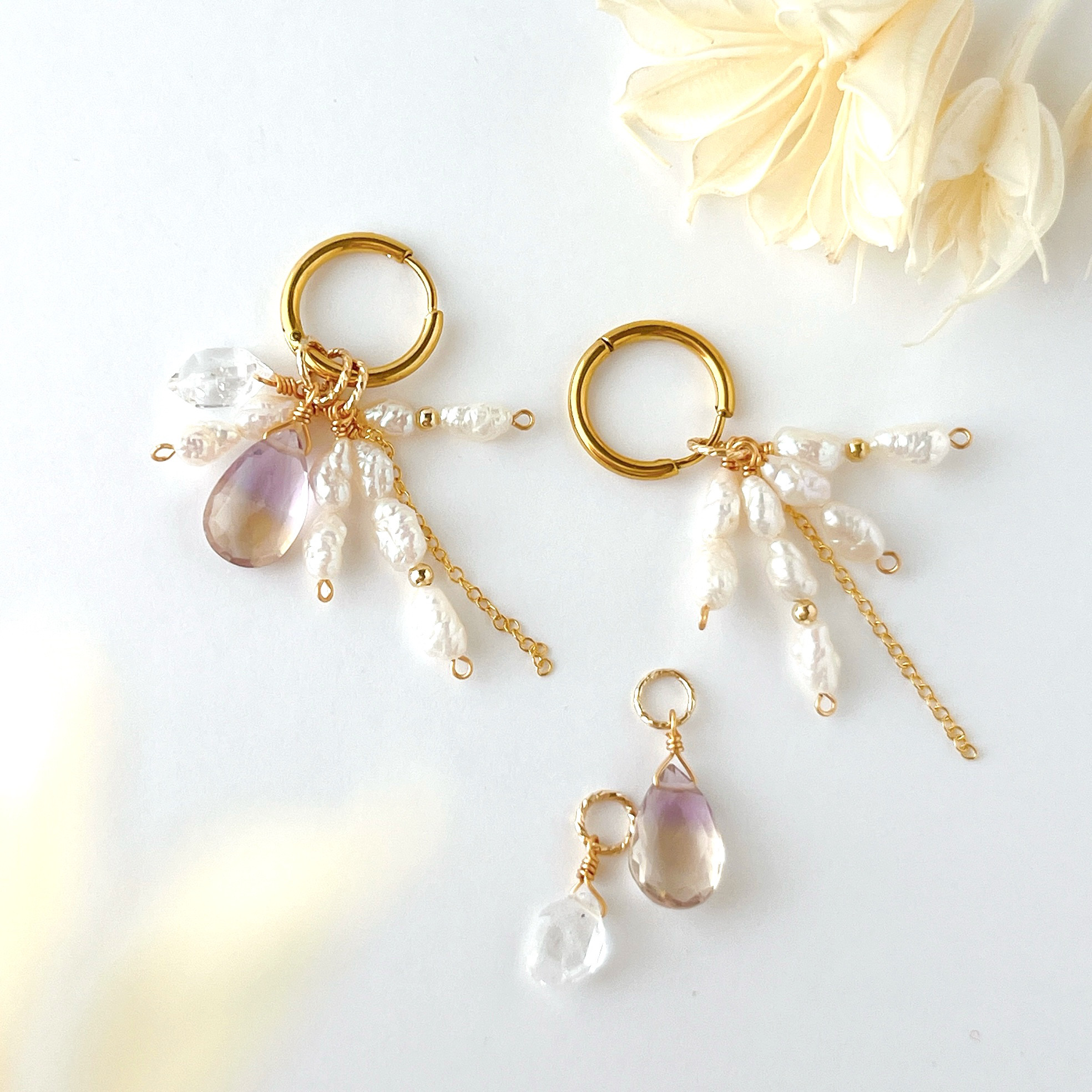 着せ替え自由自在♡ボリビア産アメトリン・淡水パール・ハーキマーダイヤモンドの耳飾り　ステンレス製