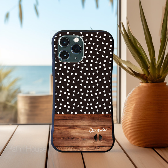 名入れ♪【耐衝撃グリップケース】BLACK DOT＆WOOD iPhone  スマホケース ドット柄 7枚目の画像