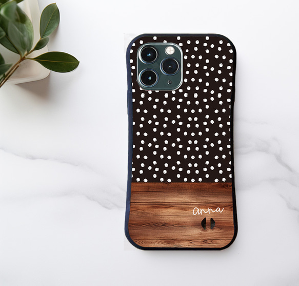 名入れ♪【耐衝撃グリップケース】BLACK DOT＆WOOD iPhone  スマホケース ドット柄 1枚目の画像