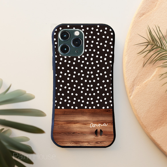 名入れ♪【耐衝撃グリップケース】BLACK DOT＆WOOD iPhone  スマホケース ドット柄 5枚目の画像