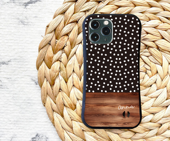 名入れ♪【耐衝撃グリップケース】BLACK DOT＆WOOD iPhone  スマホケース ドット柄 6枚目の画像