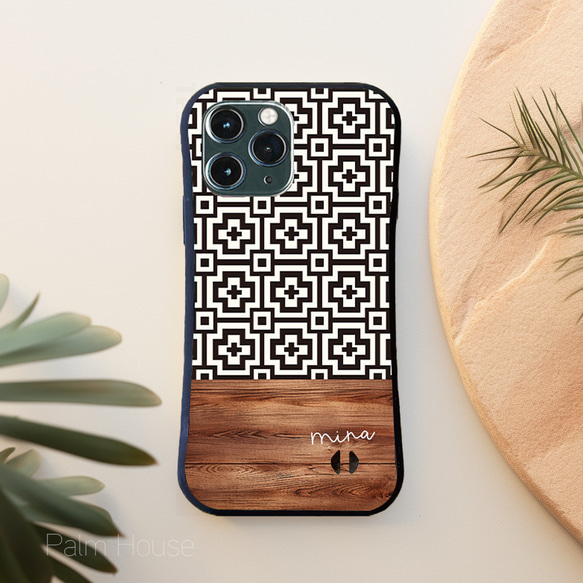 名入れ♪【耐衝撃グリップケース】BLACK MOSAIC & WOOD iPhone  スマホケース 5枚目の画像