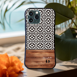 名入れ♪【耐衝撃グリップケース】BLACK MOSAIC & WOOD iPhone  スマホケース 2枚目の画像