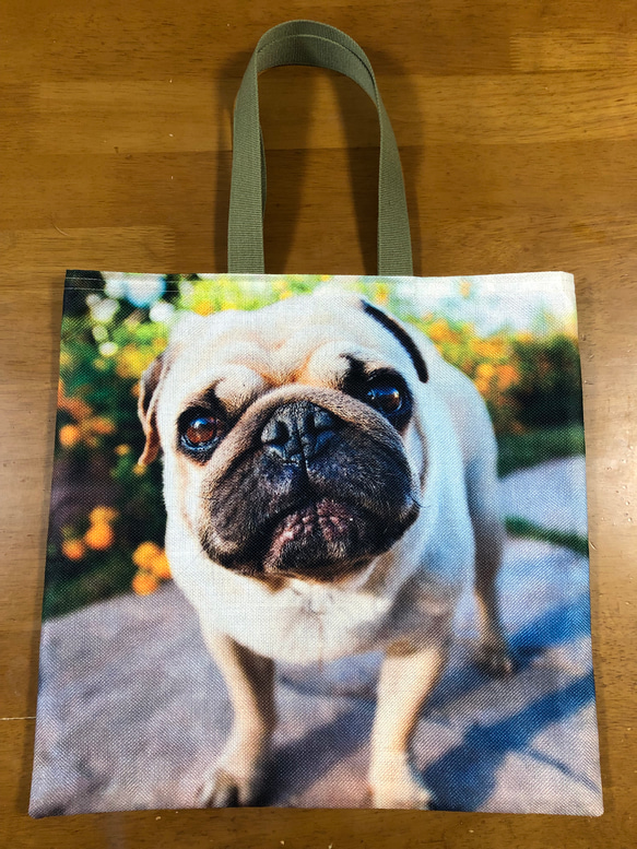 子犬の柄が可愛いハンドメイドトートバッグ ハンドメイド ぺたんこBigトートバッグ 犬柄 パグ トートバッグ ももか