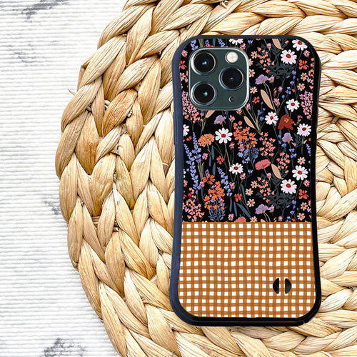 耐衝撃グリップケース】RED WILD FLOWER ＆ ORANGE CHECK iPhone
