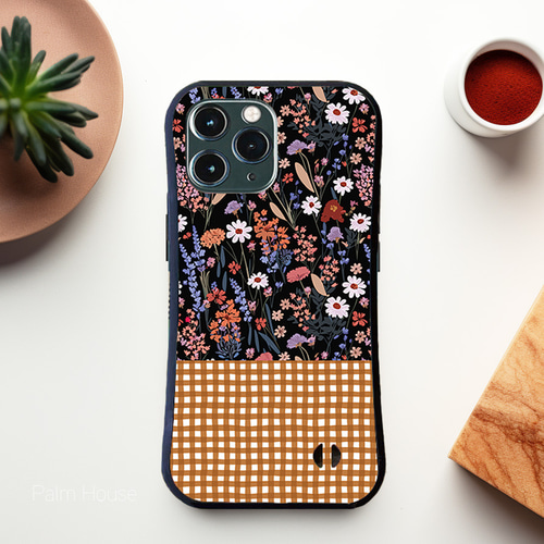 耐衝撃グリップケース】RED WILD FLOWER ＆ ORANGE CHECK iPhone