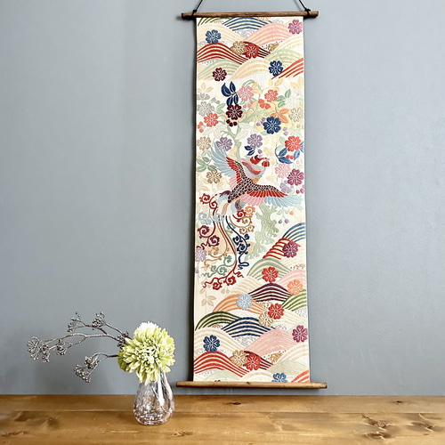 帯のタペストリー 満開の桜に舞う鳳凰 着物リメイク インテリア 掛け軸