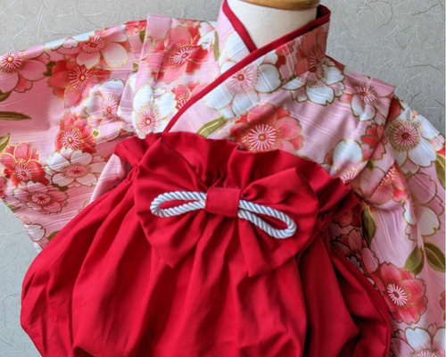 ベビー袴 ハンドメイド 桜✕濃赤 ピンク 費やさ ベビー袴 ハンドメイド 桜✕濃赤 ピンク 費やさ