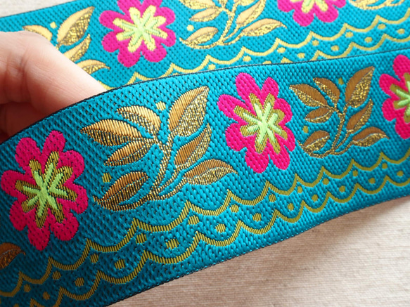 40cm チロリアンテープ お花 水色☆刺繍 エスニック 6枚目の画像