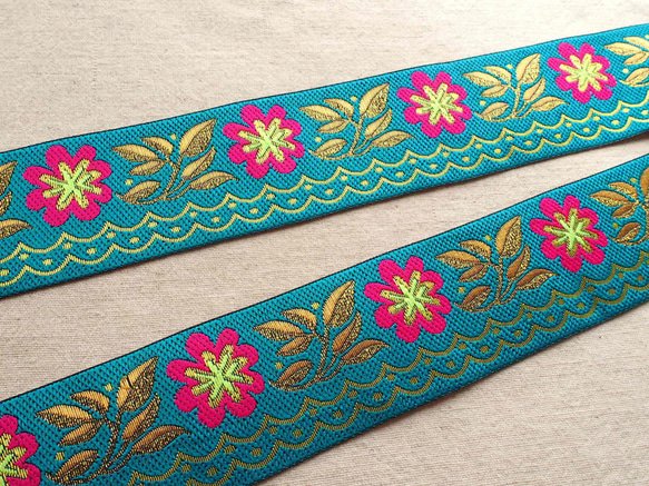 40cm チロリアンテープ お花 水色☆刺繍 エスニック 1枚目の画像