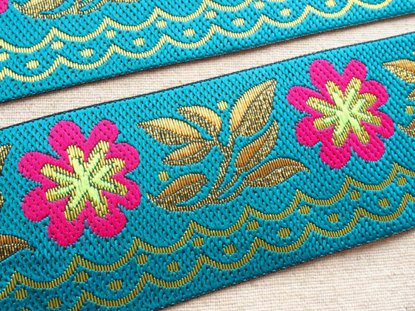 40cm チロリアンテープ お花 水色☆刺繍 エスニック 2枚目の画像