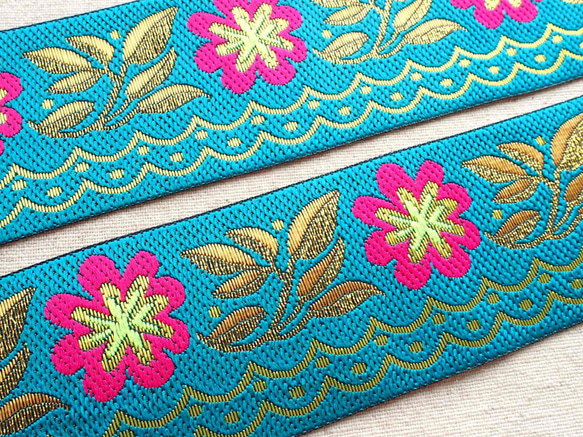 40cm チロリアンテープ お花 水色☆刺繍 エスニック 4枚目の画像