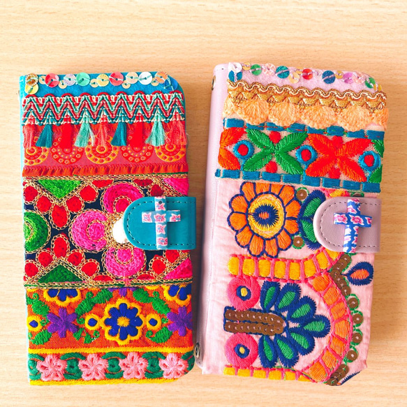 【ほぼ全機種対応】エスニックな刺繍 手帳型iPhoneケース 手帳型スマホケース ターコイズブルーミラー 11枚目の画像