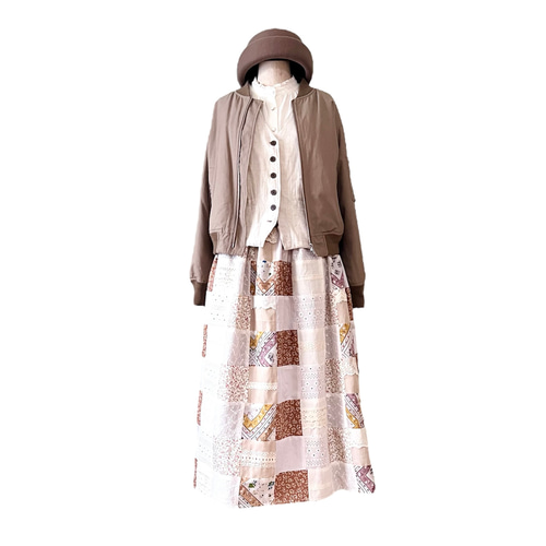 パッチワークレーススカート スプリングベージュ ロングスカート  