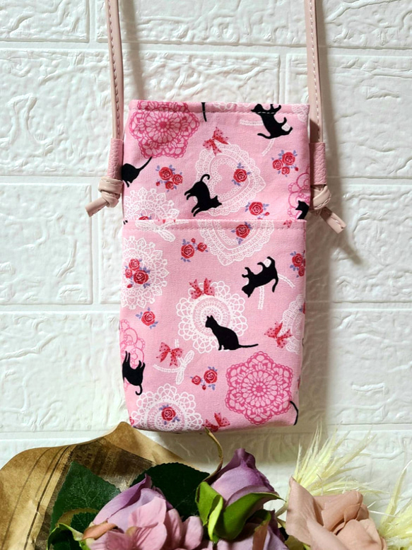 ハンドメイド スマホポシェット ショルダーバッグ サコッシュ 猫柄  
