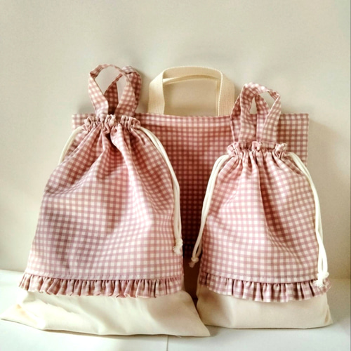 ハンドメイド レッスンバッグ 巾着 上履き入れ ギンガムチェック いちご ハンドメイド レッスンバッグ 巾着 上履き入れ ギンガムチェック