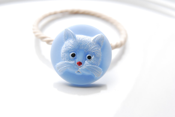 貓咪圖案捷克玻璃紐帶髮帶淺藍色x米色 第1張的照片