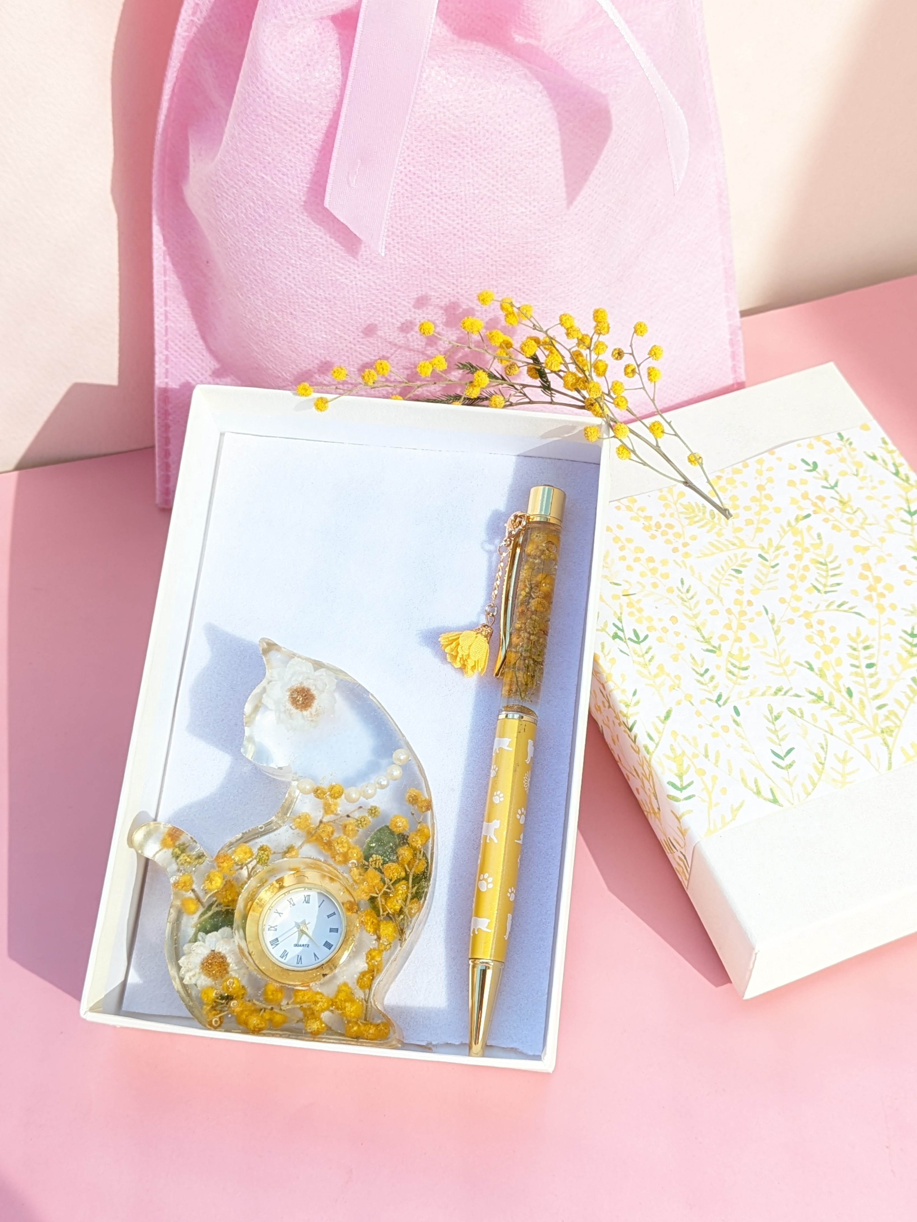 ミモザ入り　猫時計　と選べる　ペンセット