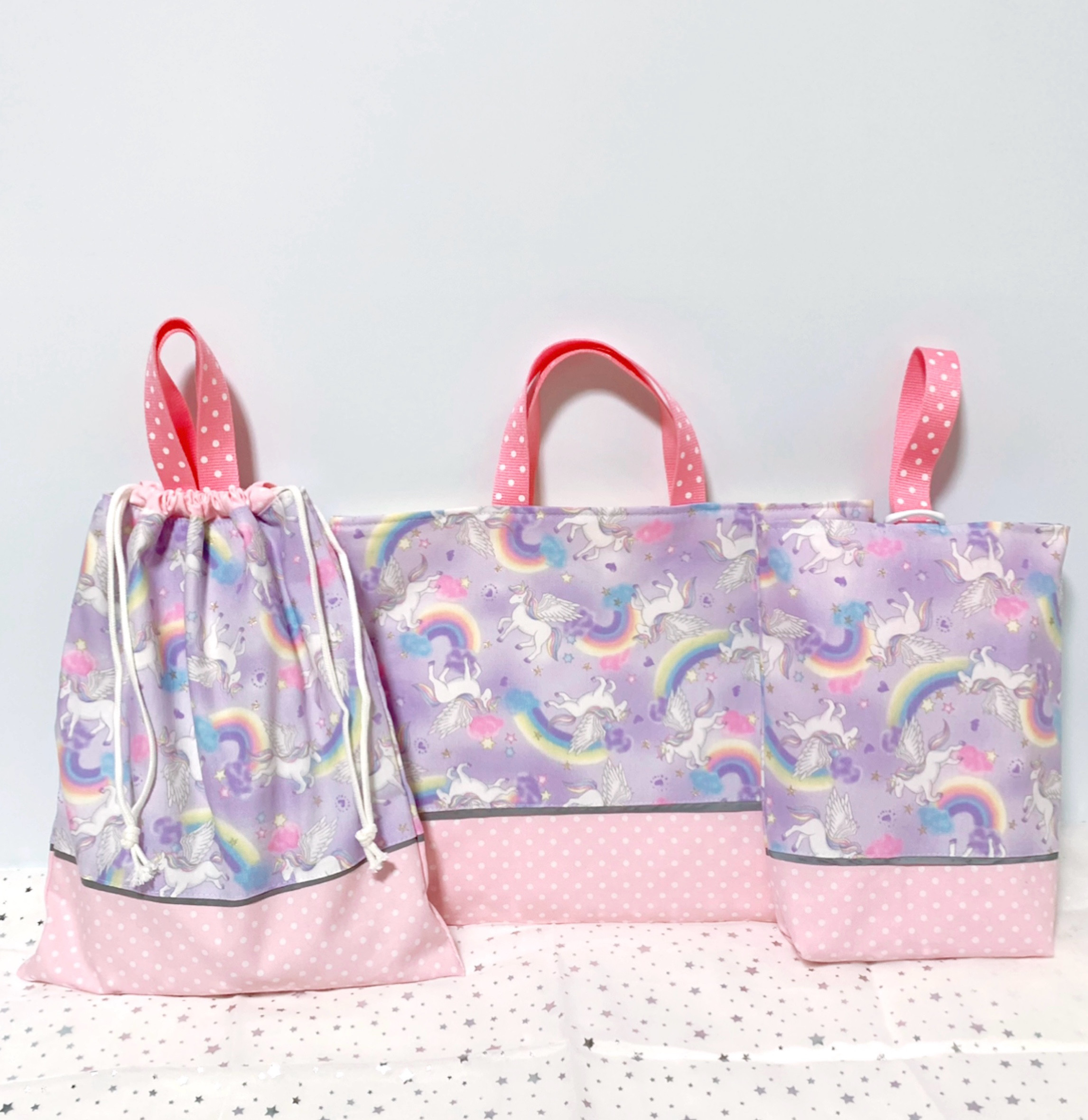 【入学入園セット】３点セット♡かわいいユニコーンとピンクドット柄・レッスンバッグ・シューズ入れ・体操着袋