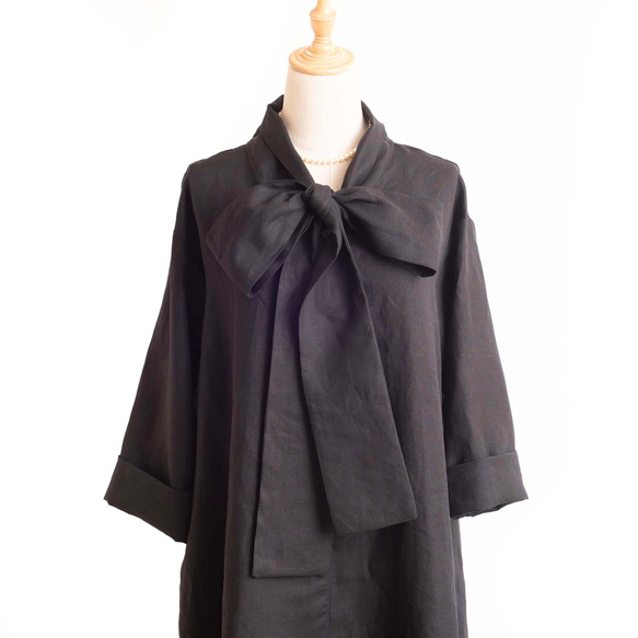 生地が選べるリネン&ウール【大きなリボンのワンピース】フォーマルにも　SMLオーダー　ブラック 2枚目の画像