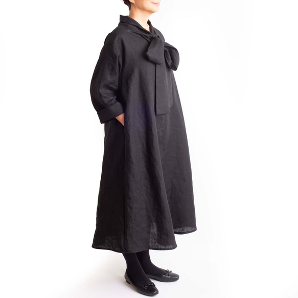 生地が選べるリネン&ウール【大きなリボンのワンピース】フォーマルにも　SMLオーダー　ブラック 9枚目の画像