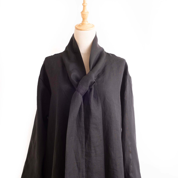 生地が選べるリネン&ウール【大きなリボンのワンピース】フォーマルにも　SMLオーダー　ブラック 6枚目の画像